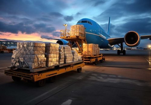 Global logistic. Airplane and parcel box, Concept of air delivery shipping. Generative AI.